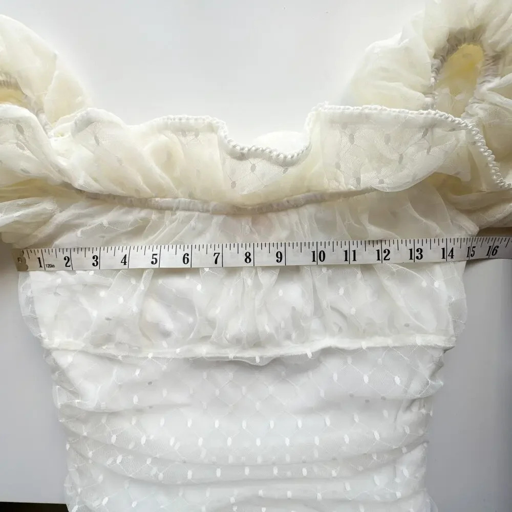 Camila Coelho Eva Mini Dress Ruched Mesh White Ivory Size Medium - Picture 13 of 14